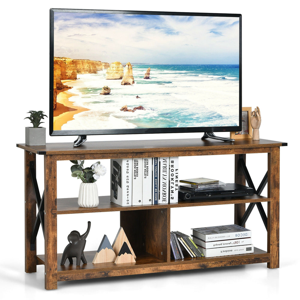 3-tier wood TV stand in brown with open shelves, X-shaped frame, and cable management for living room or bedroom use.
