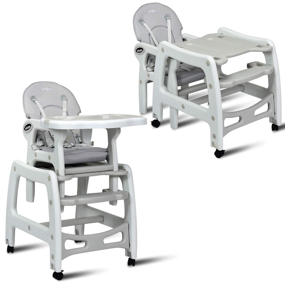 3-in-1 baby high chair in gray with adjustable seat and removable trays, perfect for ages 6 months to 8 years.