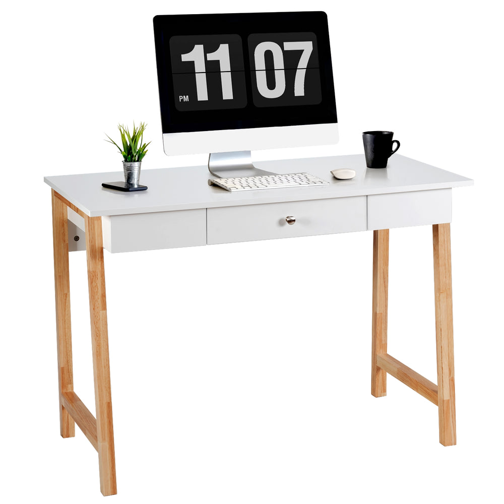 White computer desk with rubberwood legs, featuring a spacious top and large drawer, ideal for home office or vanity.