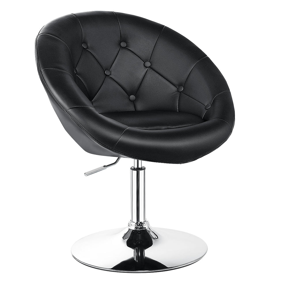 Modern adjustable swivel round chair in black PU leather with a chrome base, designed for comfort in home or bar.