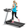 Folding treadmill with LED display and heart rate monitor, ideal for home workouts and easy storage.