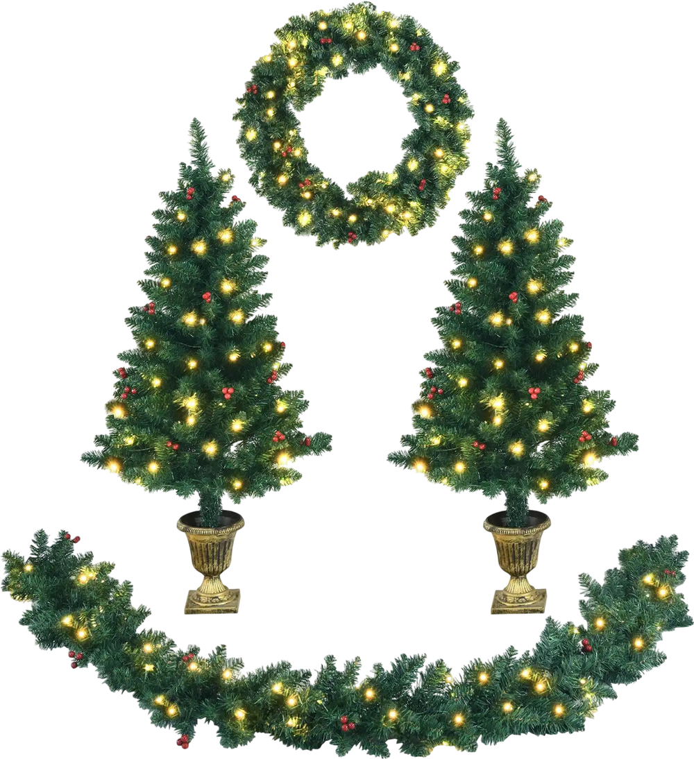 4 Pieces Christmas Decoration Set with Garland Wreath and Entrance Trees