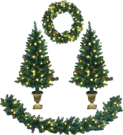 Costway 4-Pc Pre-Lit Christmas Decoration Set Garland Wreath Entrance Trees 34659078 New