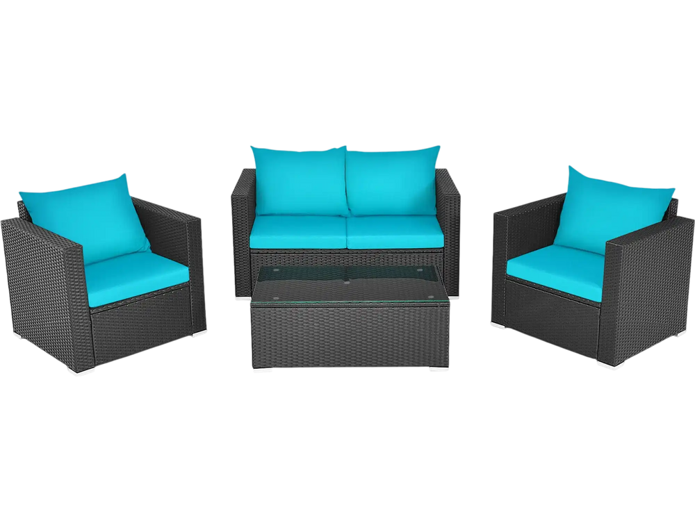 4-piece patio rattan furniture set with turquoise cushions, featuring a coffee table with tempered glass for outdoor.
