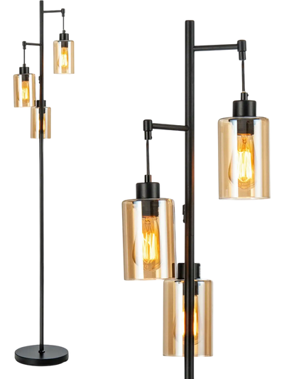 Costway Retro 3-Head Floor Lamp Amber Glass Shade 61528734 New