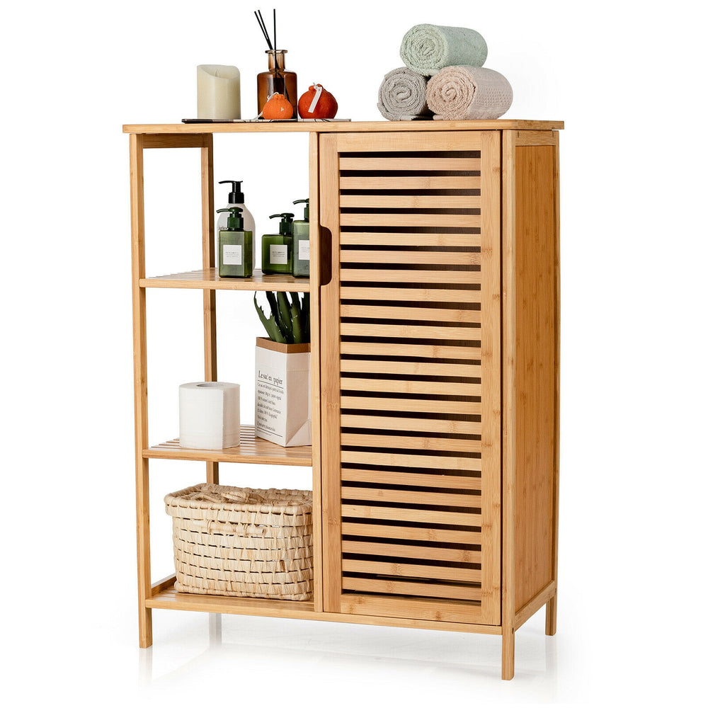 Bamboo bathroom storage cabinet with single louvered door and three shelves for organizing supplies in a compact design.