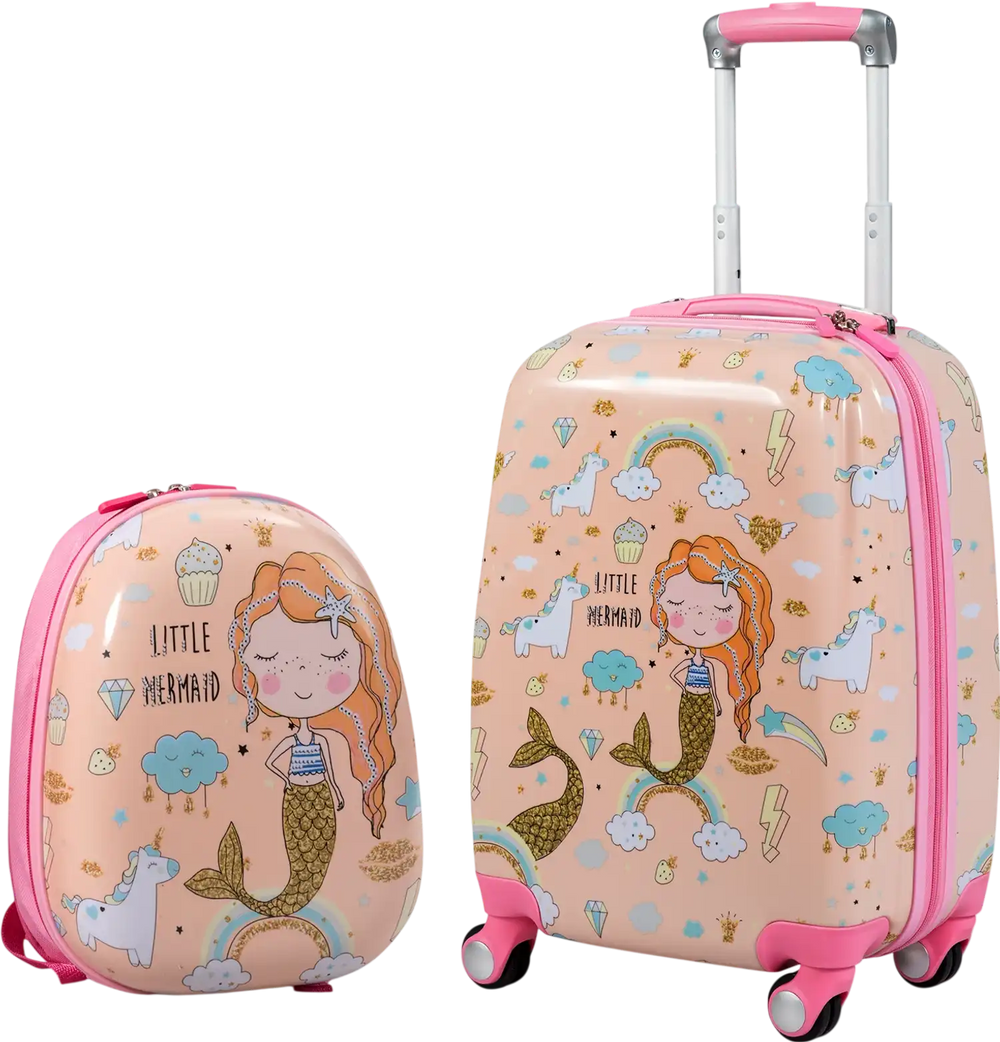 Kids' 2PC luggage set featuring a pink rolling suitcase and backpack with a cute astronaut pattern, designed for easy.
