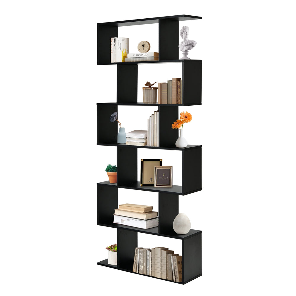 S-shaped 6-tier black bookshelf with spacious open compartments for books and decor, ideal for modern living spaces.