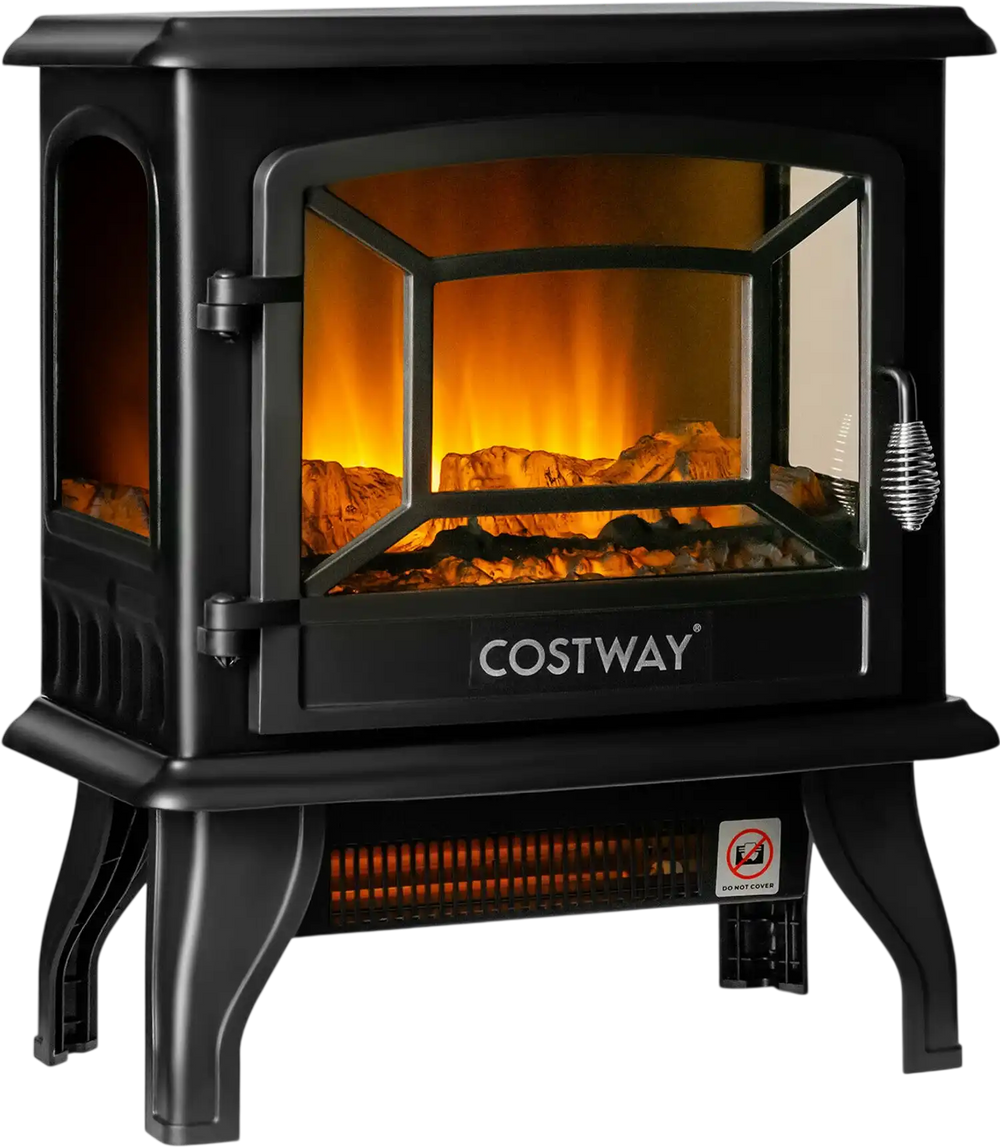 Freestanding black electric fireplace heater with realistic flame effect, adjustable thermostat, and portable design.