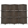 6-panel brown room divider with hand-woven fiber and 2 display shelves, perfect for creating private spaces.