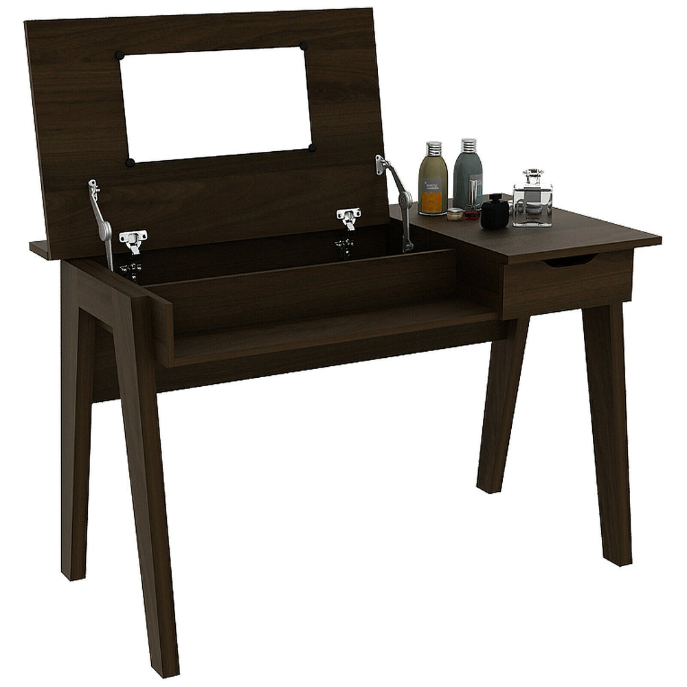 Dressing table with flip mirror and storage drawer, viewed from the front, highlighting its elegant design and.