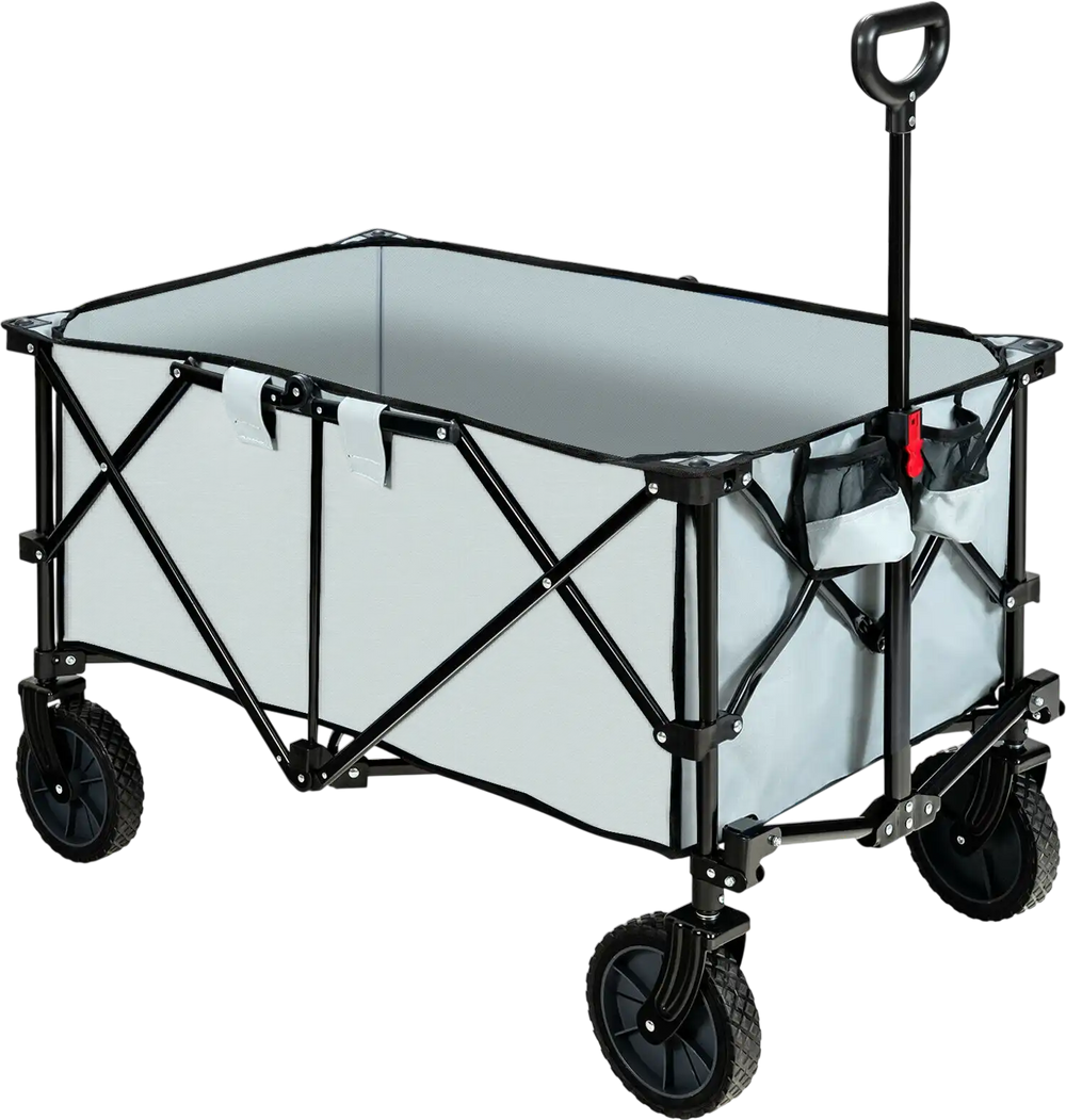 Collapsible gray outdoor folding wagon cart with adjustable handle and universal wheels, ideal for transporting items.