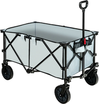 Collapsible gray outdoor folding wagon cart with adjustable handle and universal wheels, ideal for transporting items.