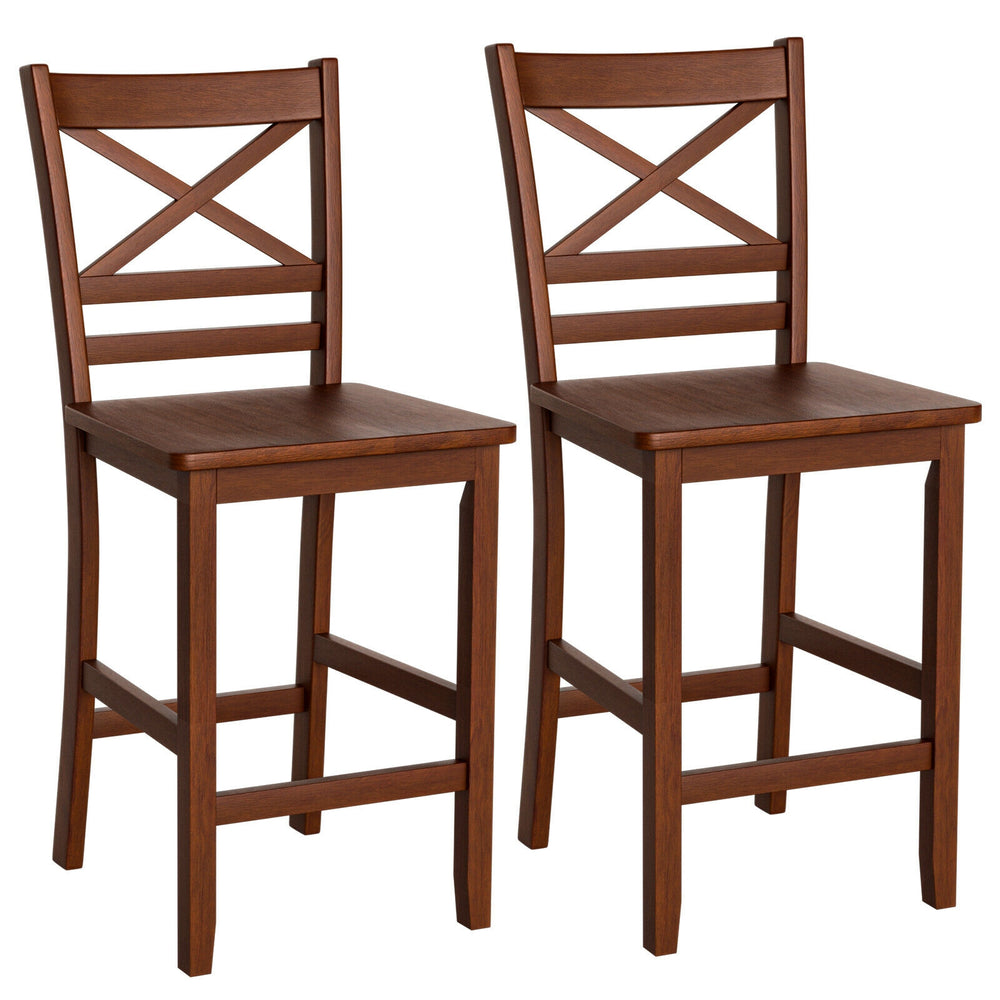 Set of 2 bar stools with rubber wood legs, featuring an X-shaped backrest and ergonomic design for comfort.