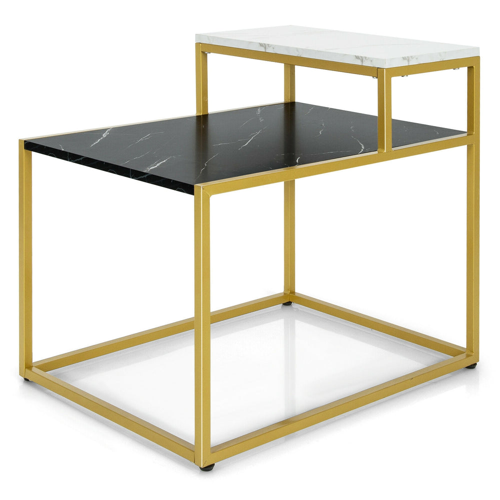 2-tier end side table with a black and white marble top, gold metal frame, and adjustable foot pads for stability.