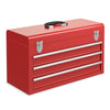 Red portable garage mechanic tool cabinet box with three drawers and easy grip handle for convenient tool storage.