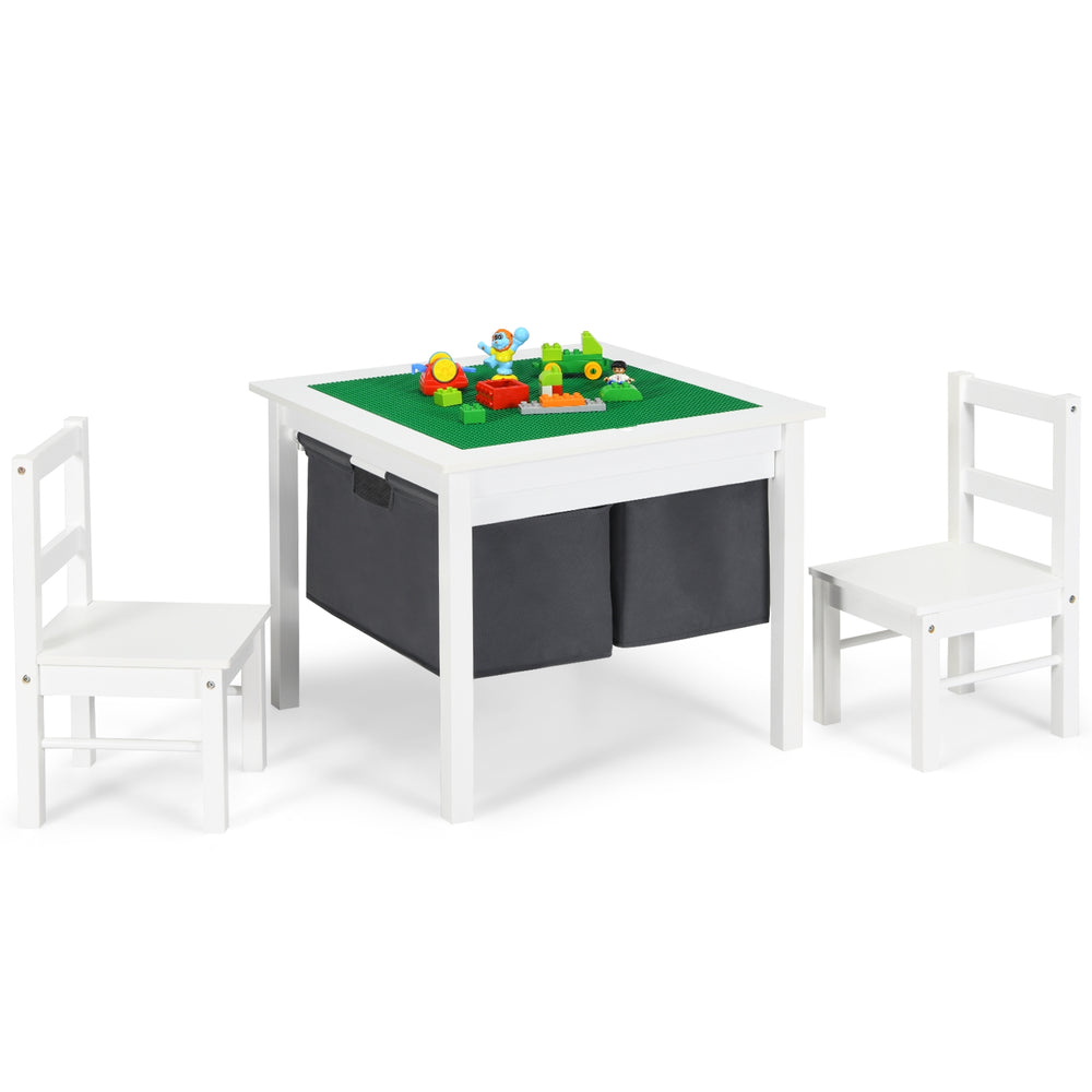 Kids activity table with two chairs, featuring a double-sided panel and under-table storage drawers for organized play.