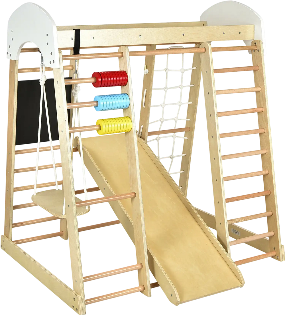 Wooden 8-in-1 indoor playground climbing gym with slide, swing, and climbing features for children, supporting up to.
