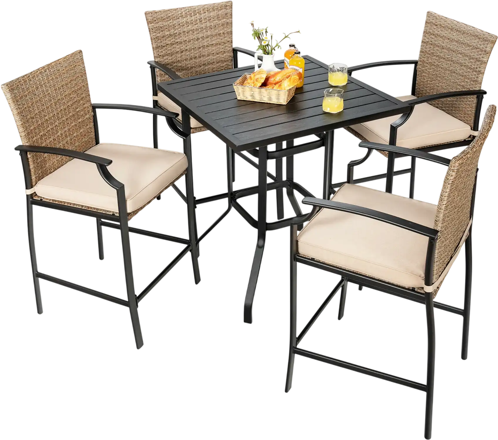 Costway 5-Pc Outdoor Rattan Bistro Bar Stool Table Set w/ Cushions 51248697 New