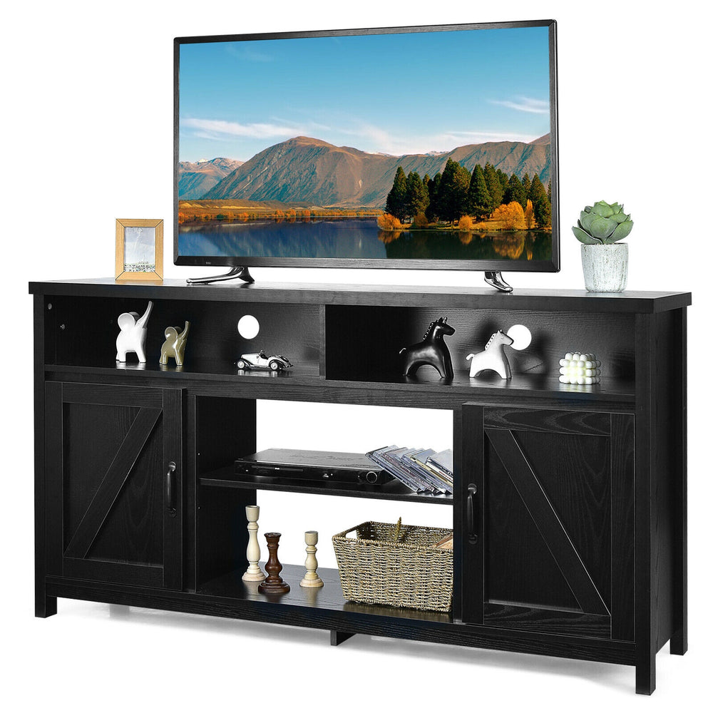 Black 59-inch TV stand with barn doors, open compartments, and cable management, ideal for living room storage.