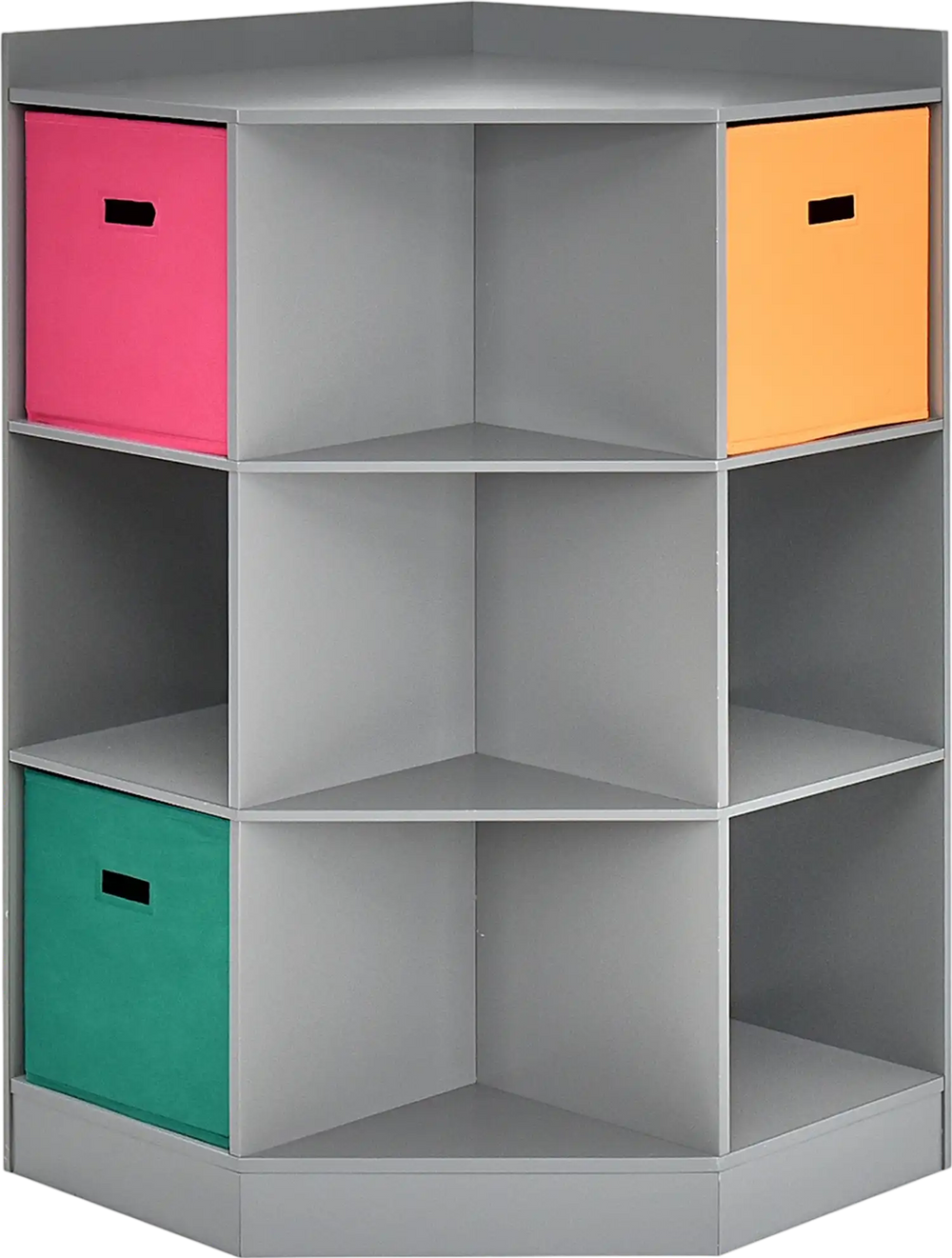 Gray 3-tier kids storage shelf corner cabinet with 3 colorful baskets, perfect for organizing toys and books in small.