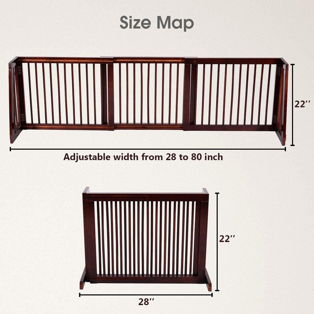 Folding adjustable 3-panel wood fence in cherry finish, measuring 22 inches high, fits spaces from 28 to 80 inches wide.