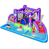 Colorful inflatable water slide castle with jumping area, splash pool, and slide, perfect for backyard fun for kids.