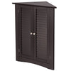 Brown bathroom corner storage cabinet with shutter doors, adjustable shelf, and anti-tipping design for versatile use.