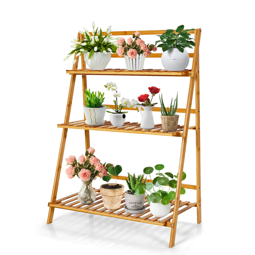 3-tier bamboo foldable plant stand showcasing potted plants, ideal for indoor and outdoor use, with a natural finish.