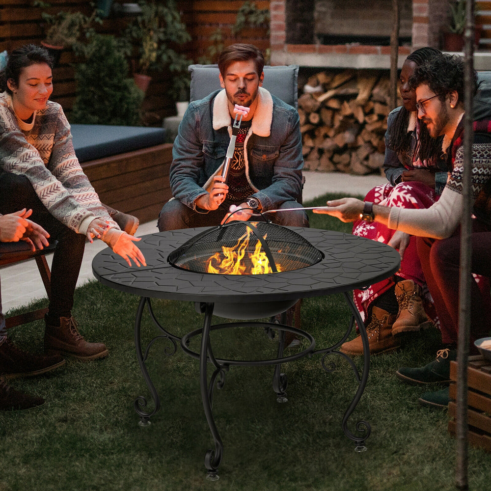 Round 35.5-inch patio fire pit dining table with cooking BBQ grate, featuring a sturdy steel frame for outdoor.