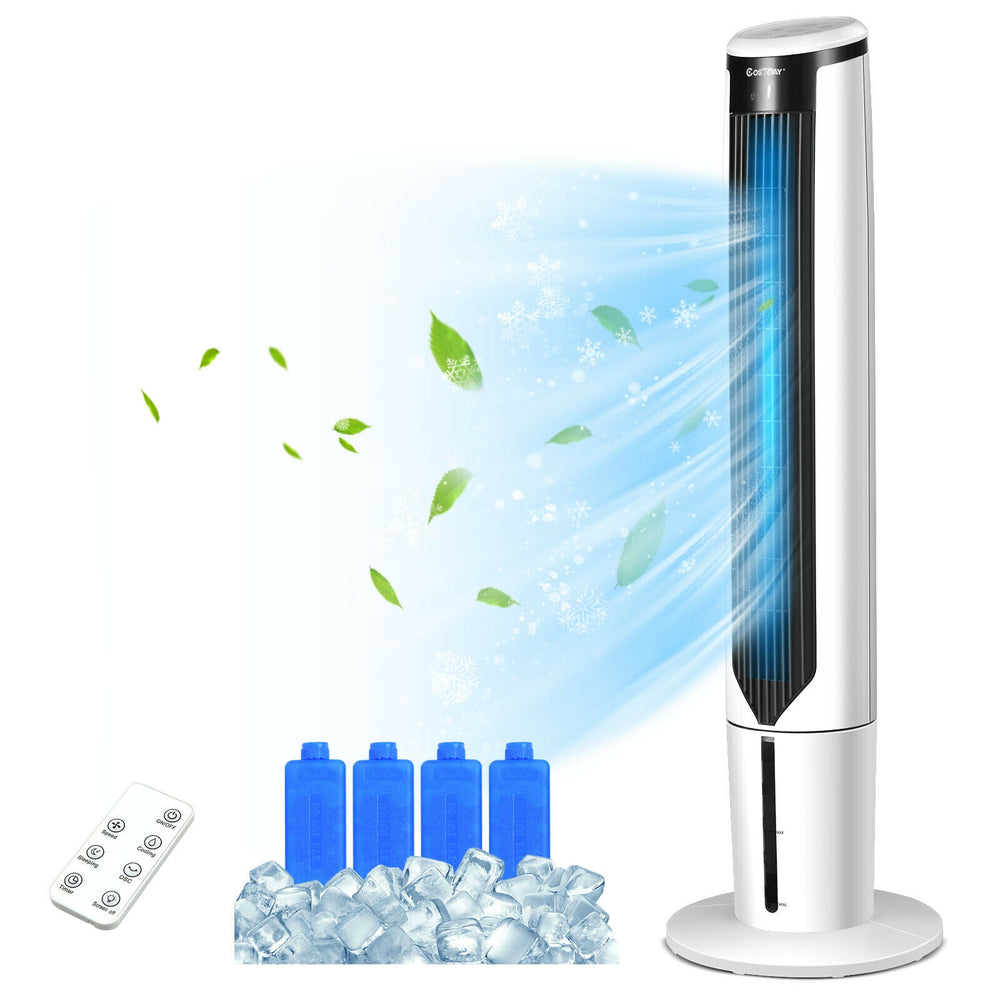 41-inch evaporative air cooler with remote, 3 speeds, 3 modes, and included ice crystal boxes for enhanced cooling.