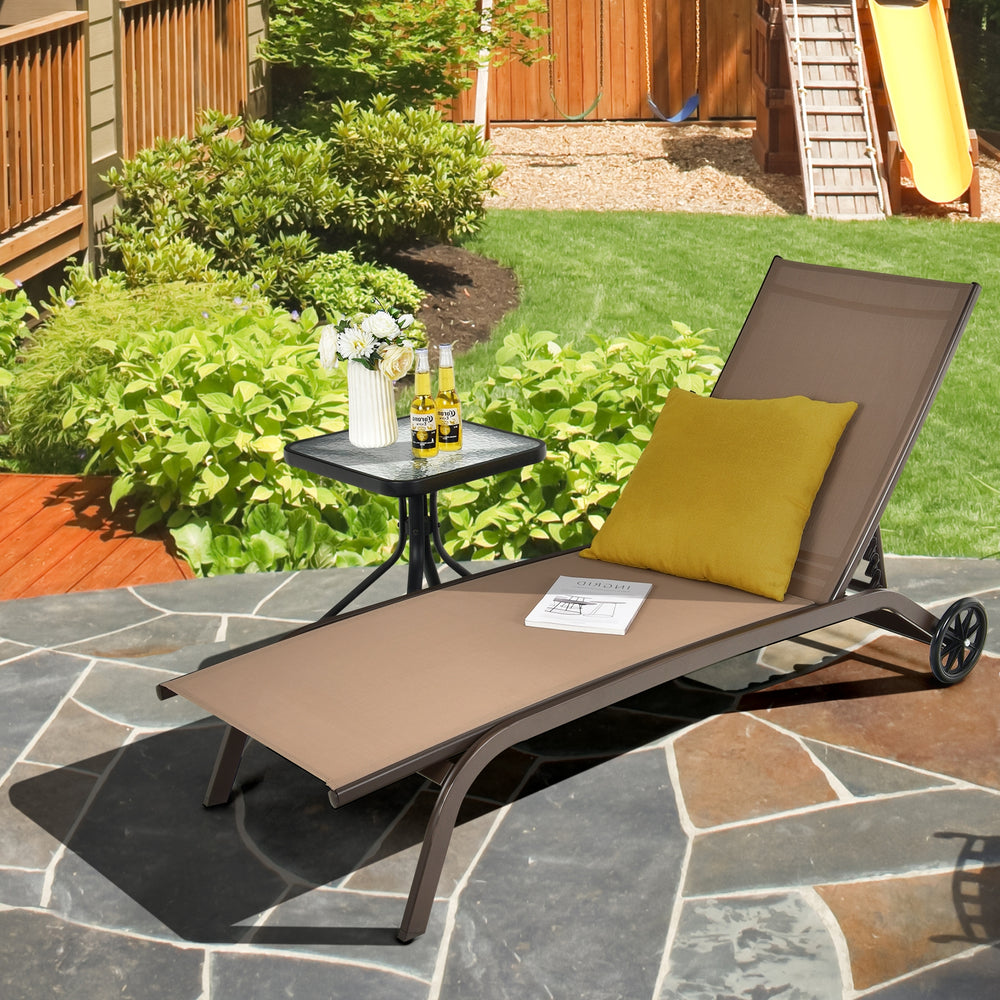 6-Poisition Adjustable Outdoor Chaise Recliner with Wheels-Brown - Gallery View 1 of 11