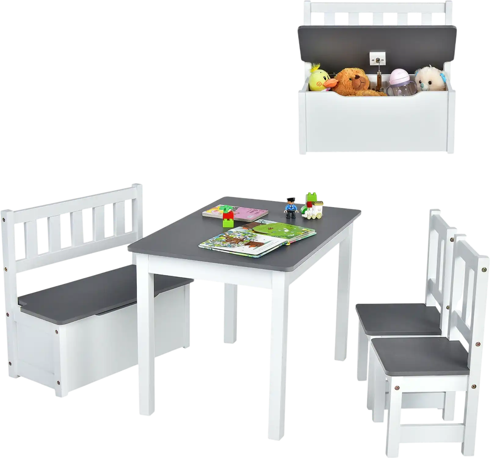 Costway 4-Pc Kids Wooden Activity Table & Chairs Set w/ Storage Bench Study Desk 38012765 New