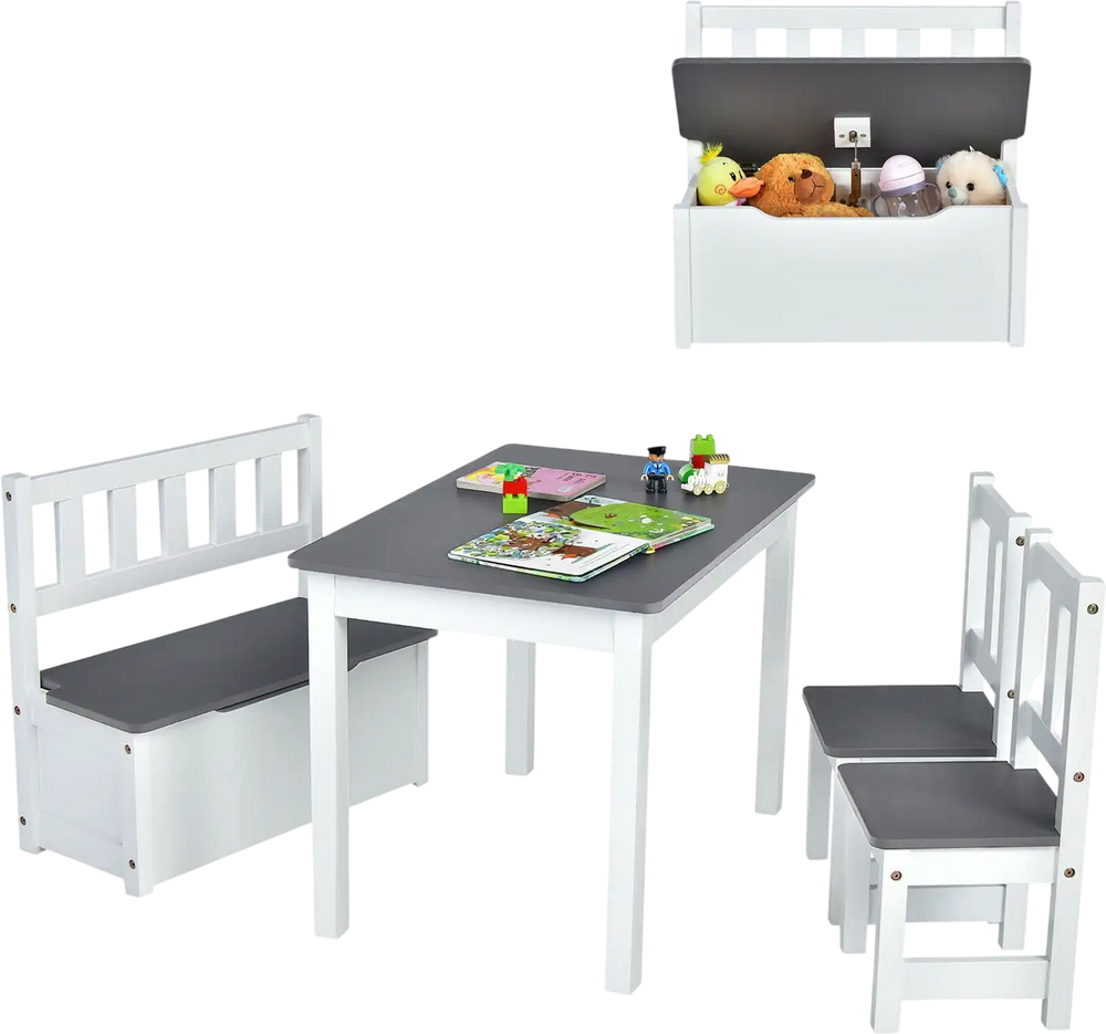 Kids wooden activity table and chairs set in gray with storage bench, perfect for playtime and organization.