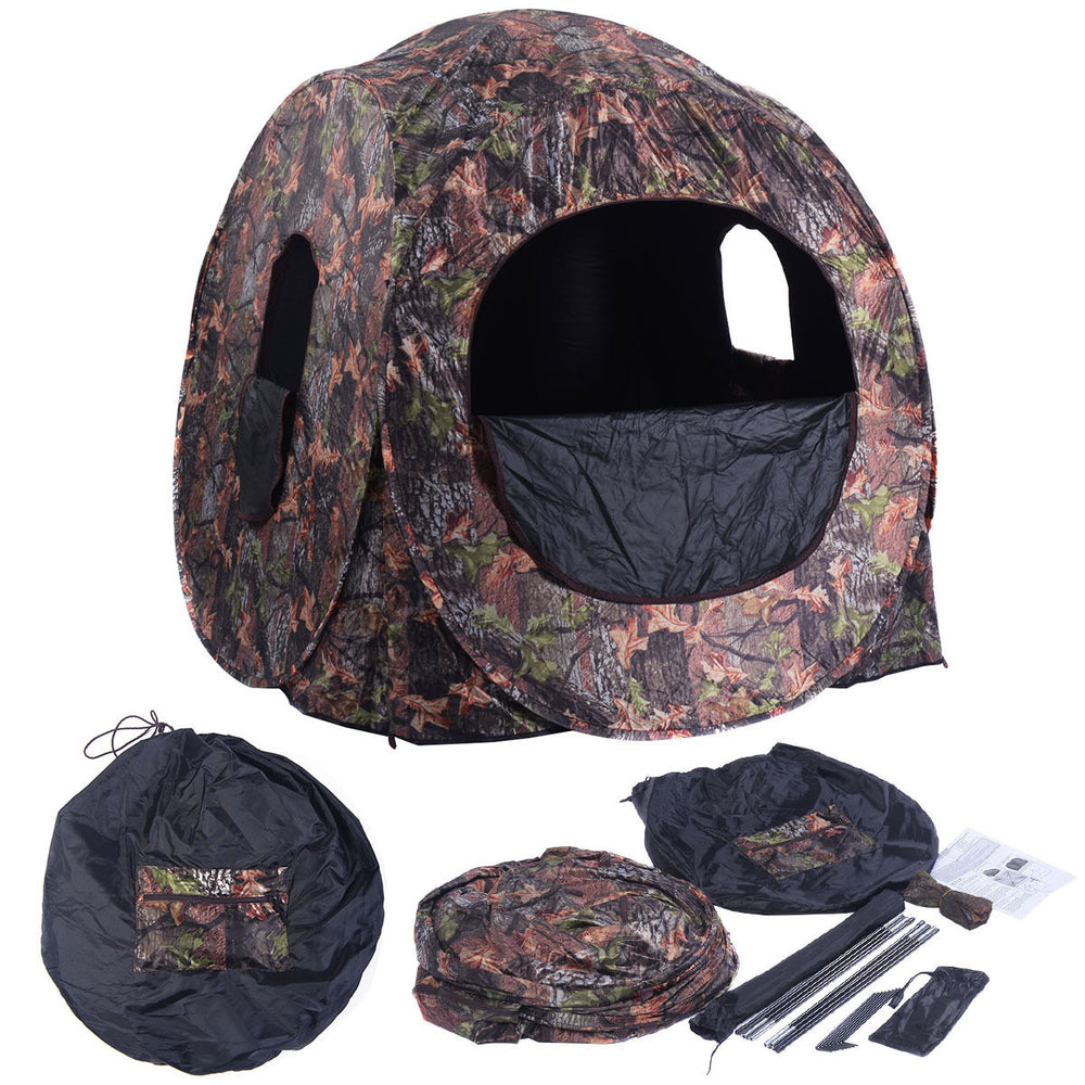 Portable pop-up ground camo blind with 360° visibility, weatherproof material, and zipper door for easy access.