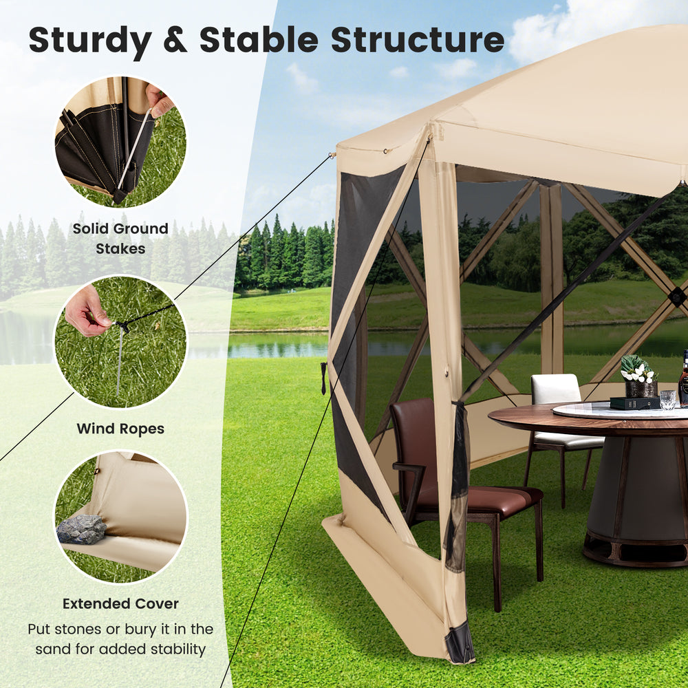 Pop-up screen house tent with mesh sidewalls, 11.5 x 11.5 ft, durable 210D polyester, ideal for outdoor gatherings.