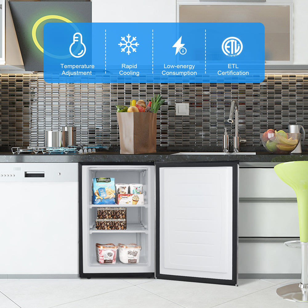 Compact 3 cubic feet upright freezer with stainless steel door, adjustable temperature control, ideal for small spaces.
