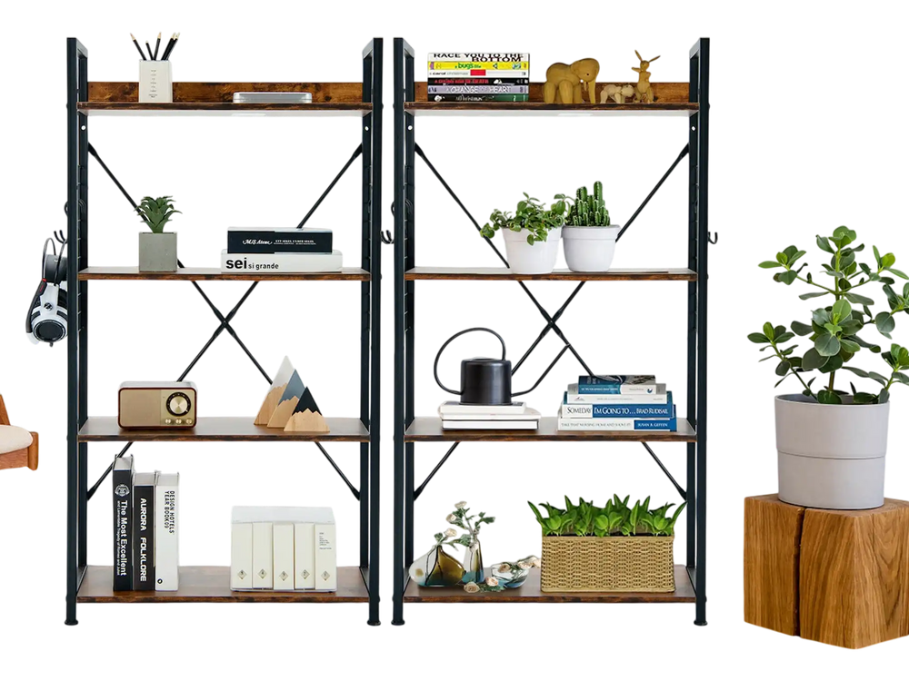 Industrial 4-tier bookshelf with wooden shelves and powder-coated steel frame, perfect for stylish storage in any room.