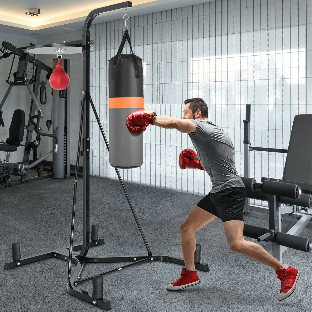 Heavy duty boxing punching stand with a heavy bag and speed bag, ideal for home gym strength training and exercise.