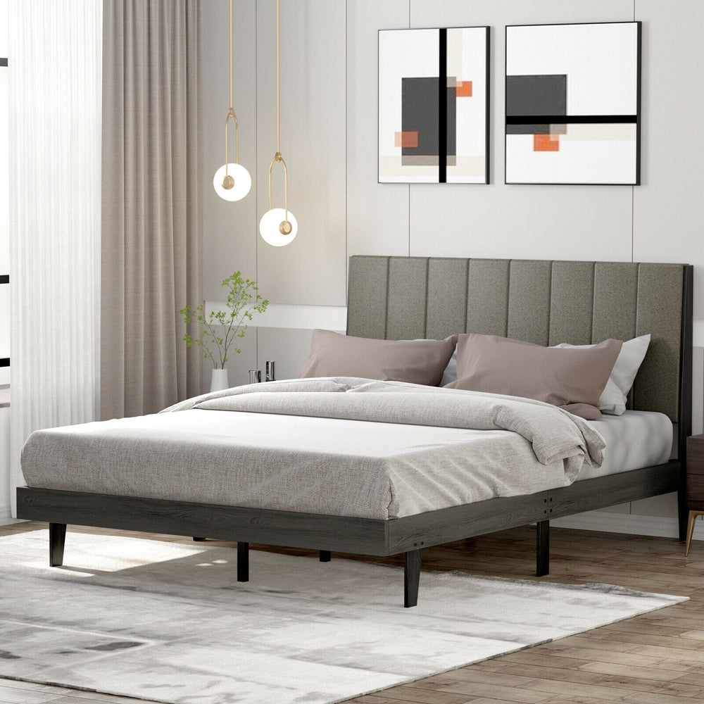 Queen size upholstered bed frame with tufted headboard, featuring solid wooden slats and spacious under-bed storage.