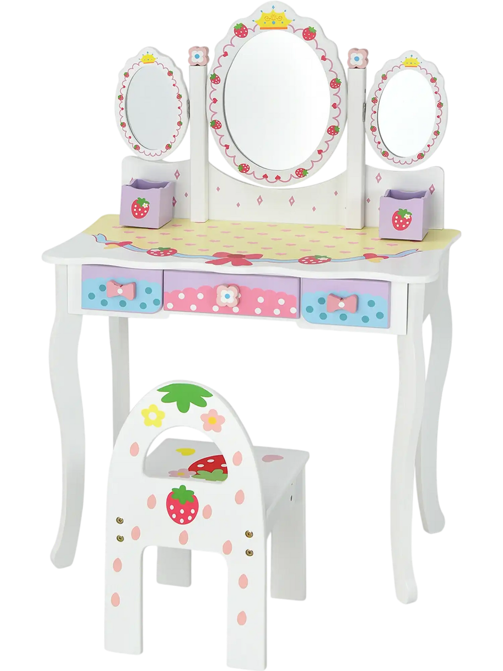 Kids vanity dressing table set with tri-fold mirror, white MDF, 3 drawers, and chair for makeup and study.