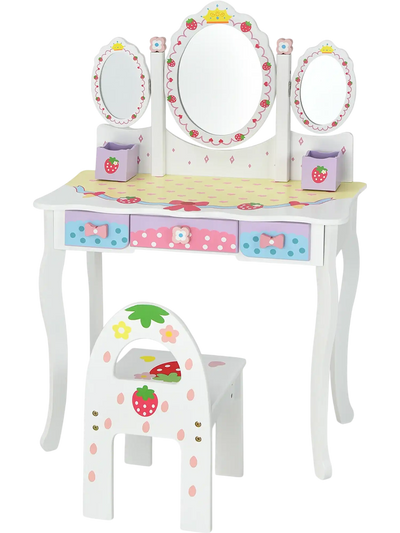 Costway Kids Vanity Princess Makeup Dressing Table Chair Tri-Fold Mirror 53982470 New