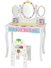 Kids vanity dressing table set with tri-fold mirror, white MDF, 3 drawers, and chair for makeup and study.