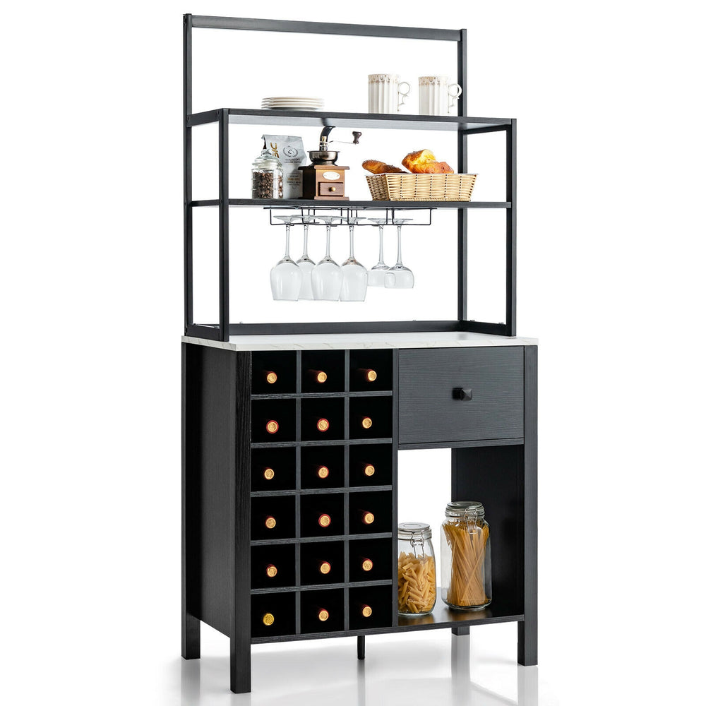 Black kitchen baker's rack showcasing a bottom open compartment and 3-tier shelf, perfect for kitchen organization and.