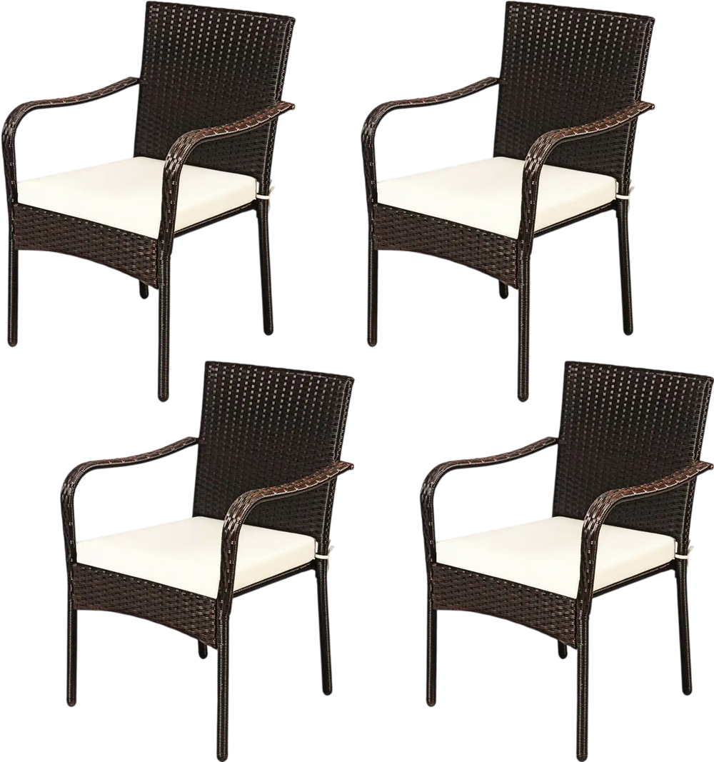 Set of 4 Patio Rattan Stackable Dining Chair with Cushioned Armrest for Garden