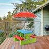Colorful kids picnic folding table and bench with umbrella, made from non-toxic PP material, perfect for outdoor play.