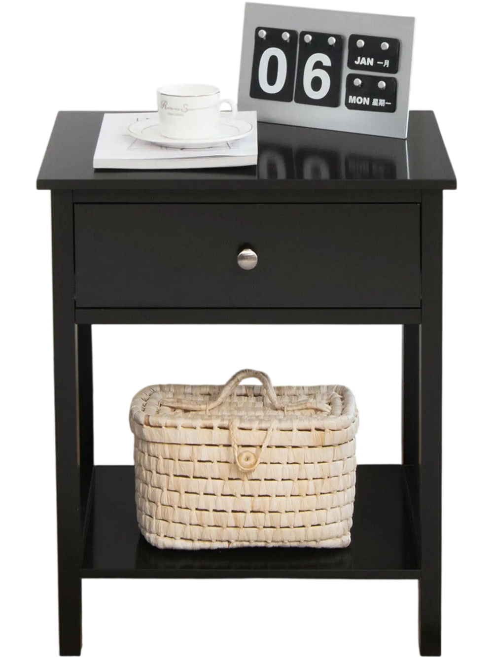 Black wooden storage shelf with drawer, featuring a wide tabletop and bottom shelf, ideal for bedroom or living room.