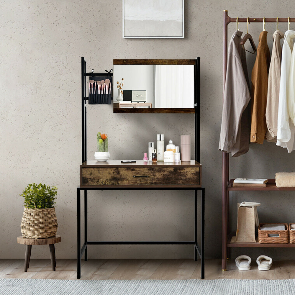 Industrial vanity table in bag-brown with adjustable mirror, spacious drawer, and stylish black metal frame for bedroom.