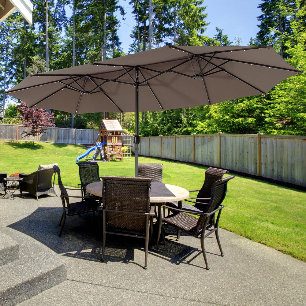 15 Feet Twin Patio Umbrella with 48 Solar LED Lights-Light Brown - Gallery View 1 of 11