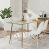 Rectangular glass dining table with wood grain imitation legs, perfect for home or office use, accommodating multiple.